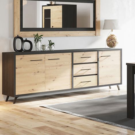 M&S – Buffet 3 portes 3 tiroirs en panneaux de particules agglomérés – Décor naturel et gris foncé – Dimensions 220 x 45 x 84,2 cm