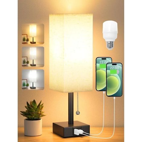 Lampe de chevet LED graduable 3 couleurs 2700/3500/5000K – Ports USB-A et USB-C – Interrupteur à chaînette – Design contemporain (1/5)