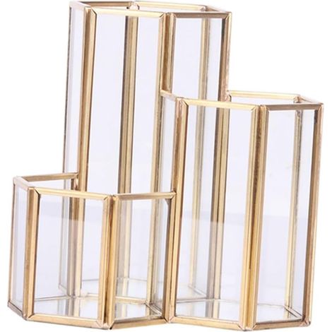 Portalápices hexagonal de cristal dorado de 12 cm, organizador de escritorio con diseño nórdico para un espacio de trabajo elegante. (1/5)
