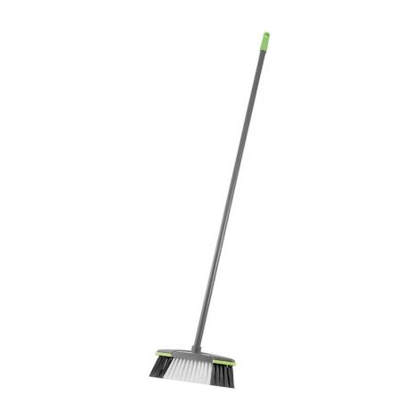 Escoba con palo metálico gris, cerdas de PVC, 1.4 m, diseño ergonómico - MARCA (1/3)