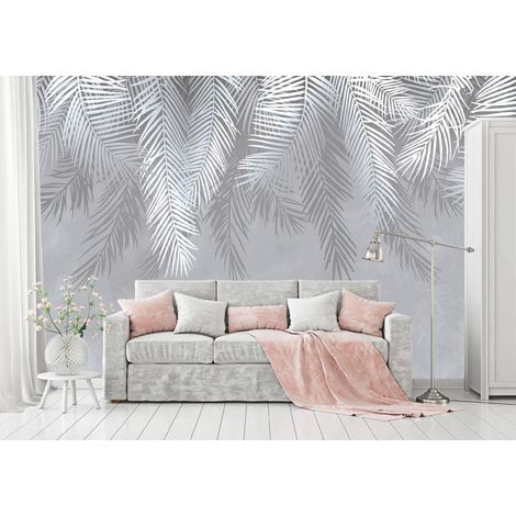 Vlies Fototapete Blätter 150x105 cm, Tapeten, für Wohn und Schlafzimmer, Vliestapete Wandtapete Tapete 3D Effekt- inkl. Kleister - tropisch botanisch grau Natur, WallArena (1/4)
