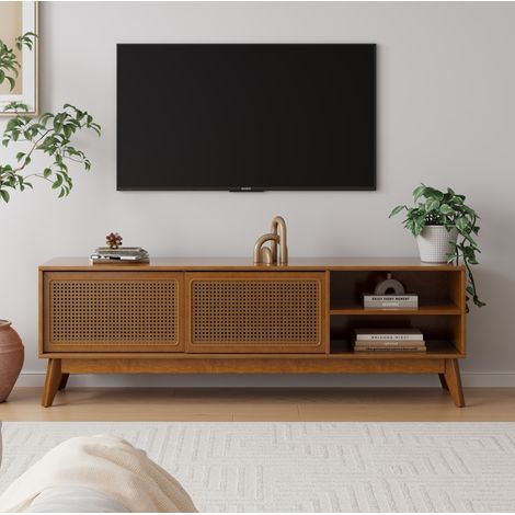 Meuble TV vintage rotin 59 pouces pour TV jusqu'à 65 pouces, rangement ouvert et fermé, pieds en bois, noyer (1/5)