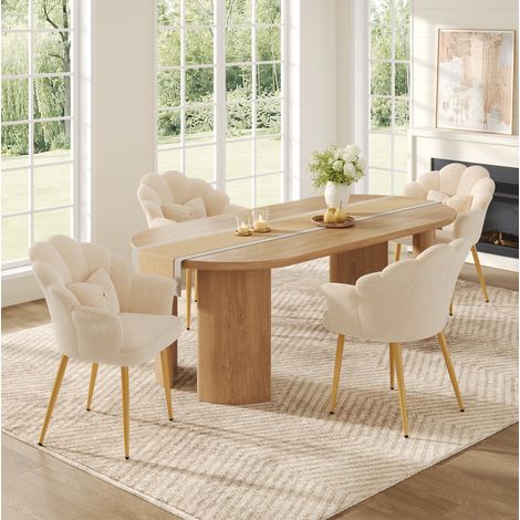 Lot de 4 chaises de salle à manger avec accoudoirs, tissu bouclette beige, dossier pétale OKMYHOME (1/5)