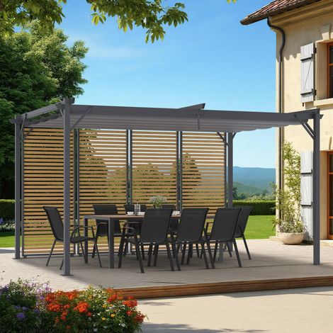 Pérgola edición coleccionista lamas horizontales efecto madera y techo escamoteable 3x4M 4 secciones modular gris antracita