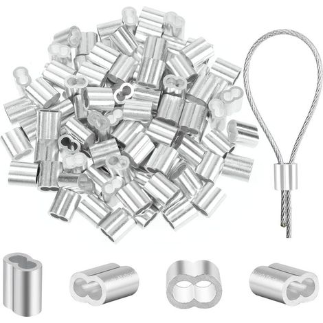 Lot de 100 serre-câbles de 3 mm en aluminium de 3 mm - Bornes à sertir - Double manchons de serrage - Serre-câbles - En aluminium - Boucle de sertissage pour câble métallique de 3 mm (3 mm)