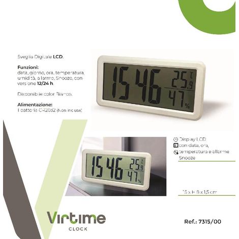 Orologio Sveglia Schermo LCD con Data Temperatura e Umidità 15 x 8 cm (1/2)