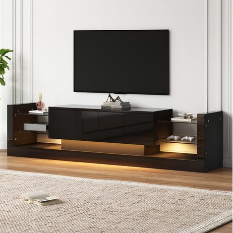Mueble TV negro de 181 cm con iluminación LED, frontal de vidrio y 2 puertas abatibles HAVRYA (1/5)