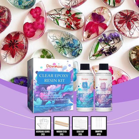 Kit de résine cristal DIY : Colle UV créative pour loisirs créatifs et résine époxy cristal – Résine 100 ml + Durcisseur 100 ml + 2 bâtonnets mélangeurs + 2 gobelets doseurs + 4 pipettes + 2 paires de (1/5)
