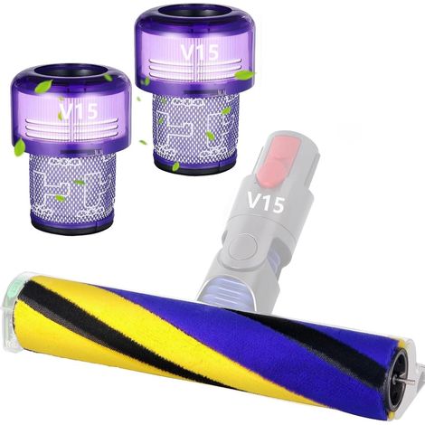 Barra de cepillo delgada y flexible compatible con la aspiradora Dyson V15 Detect con 2 paquetes de filtros posteriores HEPA V15, cabezal de limpieza óptico peludo, rodillo de cepillo n.° 971634-01 (1/5)