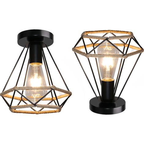 2X Industrial Ceiling Light Retro Vintage Ceiling Lights 20CM Diamond Metal Cage Chandelier Hemp Rope Ceiling Light For Living Room Bedroom Black