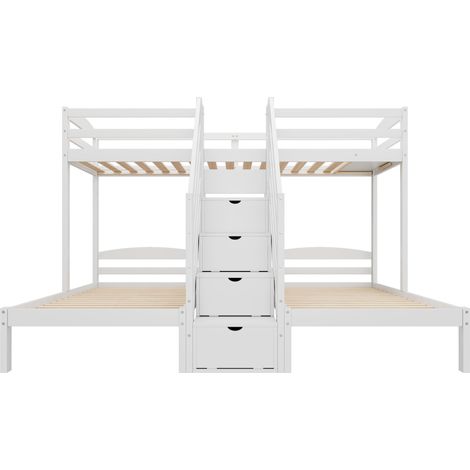 Litera triple 90 x 200 cm de pino blanco con escalera de almacenaje y cajones (1/5)