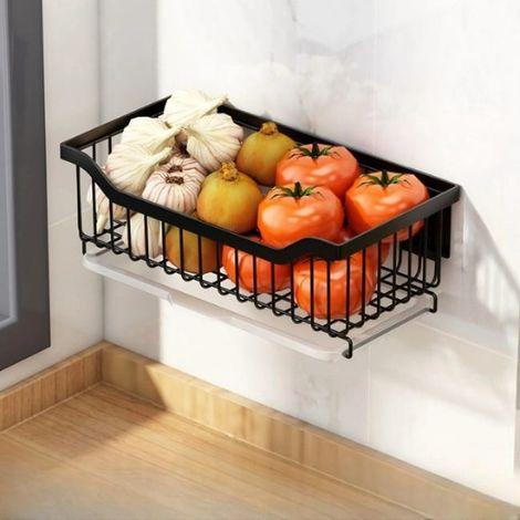 Cesta de frutas de acero inoxidable - Escurridor de verduras de cocina - 34 cm - Desmontable y lavable - Montaje en pared - Negro (1/5)
