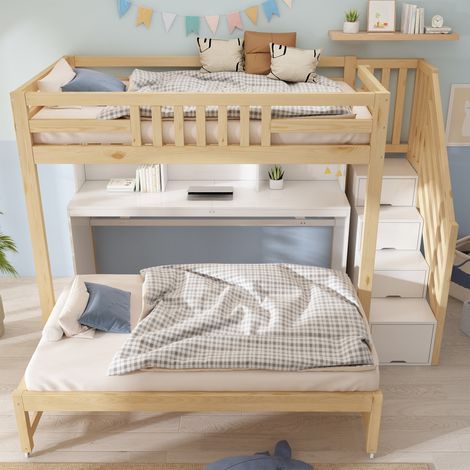 Lit superposé enfant 90x200 cm avec bureau et lit gigogne 90x190 cm, rangements intégrés, échelle avec étagères - Blanc et chêne (1/5)