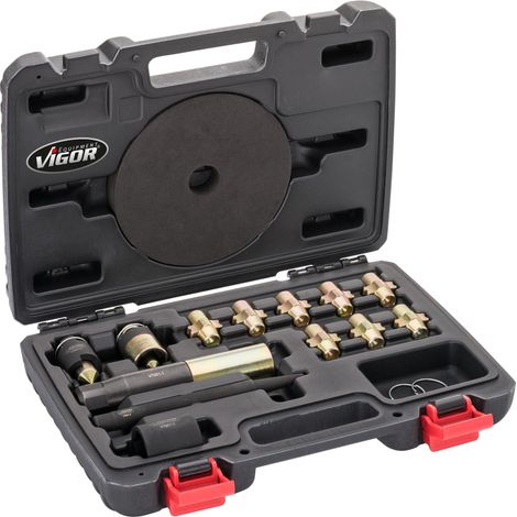 Vigor – Jeu universel de démontage d'écrous antivol V7001 – 13 outils – 8 clés pour jantes – Adaptateurs et mandrin inclus – Pour écrous en trèfle (1/4)