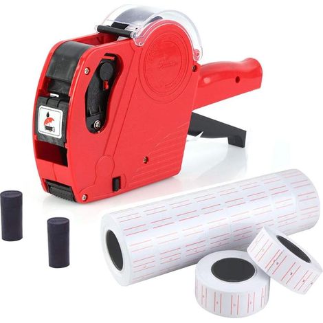 Pinzas para etiquetar, 1 línea, 8 caracteres, kit de etiquetas de precio para venta al público con 10 rollos de etiquetas y 2 cartuchos de tinta. (1/5)