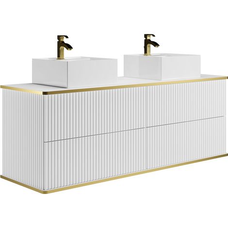 Mobile bagno sospeso scanalature profilo dorato doppio lavabo da appoggio quadrato 4 cassetti 150 cm Bianco - KELIZA