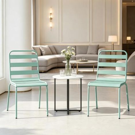 Lot de 2 chaises de jardin empilables en métal – Vert, chaises de balcon et de terrasse résistantes aux intempéries adaptées aux jardins, terrasses et balcons. (1/4)