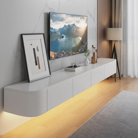 Meuble TV moderne flottant, blanc, avec tiroir de rangement, convient pour le salon ou la chambre à coucher, 140 cm (1/5)