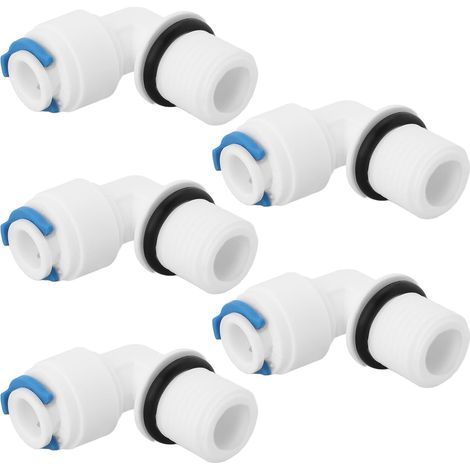 Set da 5 raccordi filettati maschi da 1/4 a 1/4, gomiti a 90°, per l'installazione di alloggiamenti filtro sostitutivi per sistemi di filtrazione dell'acqua ad osmosi inversa (1/5)