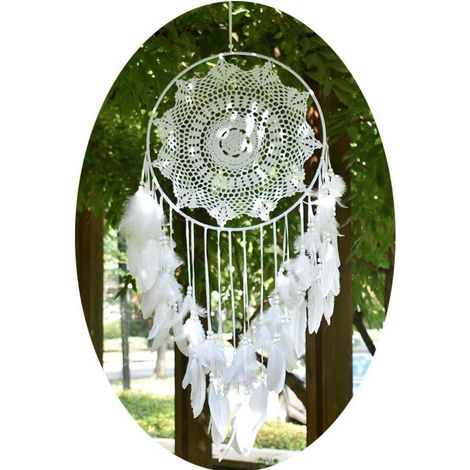 Grand attrape-rêves Boho blanc plumes macramé décoration murale vintage mariage maison 40cm cercle 115cm long (1/5)
