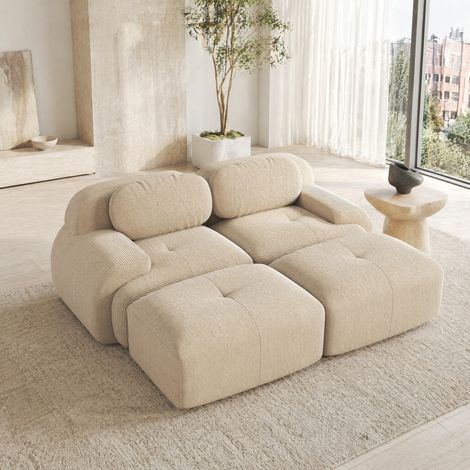 Canapé modulaire 2 places en tissu côtelé beige, sans structure, avec méridienne (1/5)
