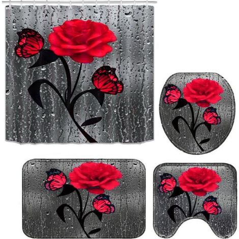 Ensemble de rideau de douche et tapis 3D Rose imperméable en polyester - ECELEN - Rouge