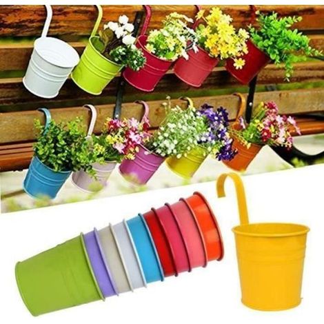 10 Stück bunte Metall-Hängeblumentöpfe mit abnehmbarer Aufhängung für Außendekoration, Garten, Balkon oder Haus.