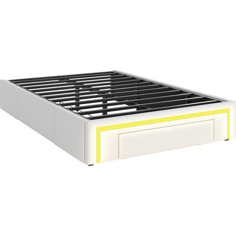 Bett 90 x 200 cm aus weißem PU mit Schubladen, Metallrahmen, LED am Fußende, ohne Kopfteil (1/5)