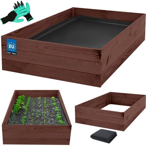 KOTARBAU® Carré Potager - Bois de Pin Imprégné - 120 x 80 x 27 cm - Marron - Bac Potager - Jardiniere Surelevee Exterieur - avec Vlies et Gants à Griffes