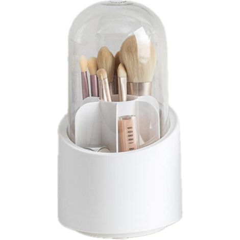 Pot de rangement pour pinceaux de maquillage avec rotation à 360°, couvercle transparent et plusieurs compartiments.