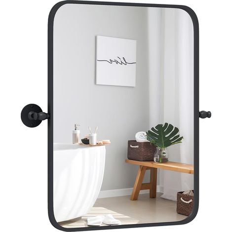 Goplus – Miroir de salle de bain rectangulaire 76,5 x 66,5 cm – Cadre en métal noir mat – Inclinaison 12° – Verre argenté incassable – Montage vertical/horizontal (1/5)