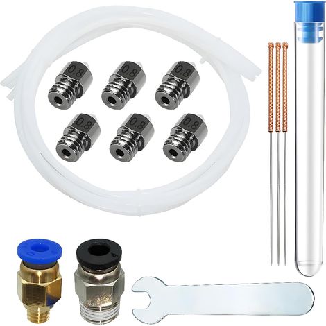 Buse MK8, 6 pièces Acier trempé Buse 0,8mm pour Filament de 1.75mm Ender 3 V2 avec 3 aiguilles nettoyage buse 0,8 mm+ 3 tubes en téflon 1 M + 1 clé à fourche 6mm + PC4-M6-M10 (1P + 1P) (1/5)