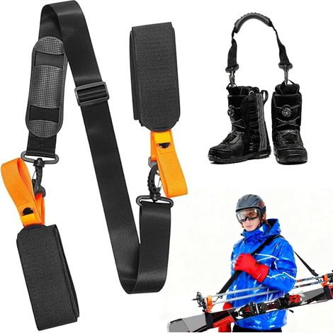 Porte Ski, Sangle De Transport De Ski, Sangle Porte Ski et Bâtons Réglable 75-120cm avec Bandoulière Rembourrée, Sangle Baton de Ski pour Porte-Skis et Bâtons, Accessoires de Ski