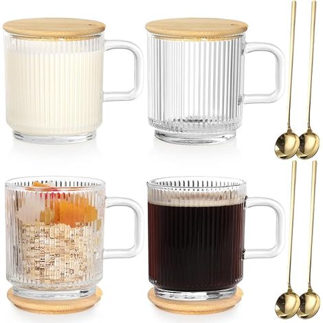 Tasse a Cafe, ml The avec Cuillère et Couvercle Strié Verre Glacé pour Matcha, Latte Macchiato, Cappuccino, Céréales, Yaourt, Lait (1/5)