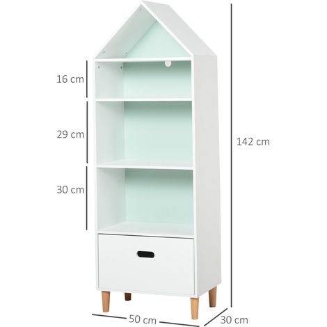 Meuble de rangement pour jouets de style bibliothèque pour chambres d'enfants ou d'adolescents, avec un tiroir et quatre étagères, disponible en blanc et bleu, 50x30x142 cm. (1/5)