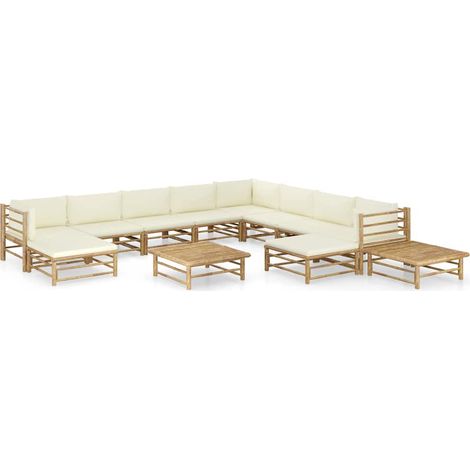 Salon de jardin 12 pcs Ensemble Table et Chaise de Jardin - avec coussins blanc crème Bambou BV523123 - BonneVie (1/5)