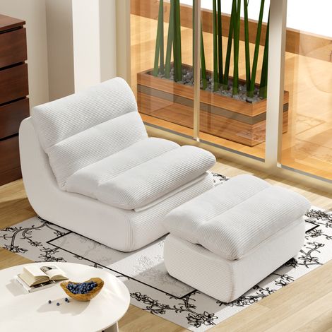 Sitzsack-Sessel aus Cord Weiß 101x81x75 cm mit Fußhocker und abnehmbarem Rückenpolster, MIVRY