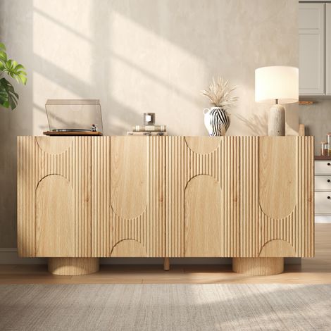 Credenza bassa mobile portascarpe 160x38.5x76 cm per ingresso e soggiorno - armadietto multiuso 4 ante con ripiani regolabili in mdf e bambù - naturale (1/5)