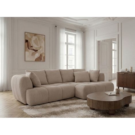 BOBOCHIC - Canapé d'angle convertible avance-recule électrique AUDE tissu bouclette Angle droit Beige (1/5)