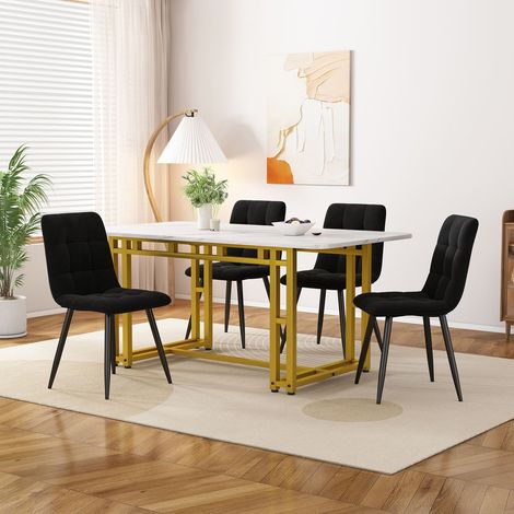 Table à manger 120 x 70 cm avec 4 chaises, set moderne pour cuisine, chaises en velours noir, table avec pieds en fer doré (1/5)