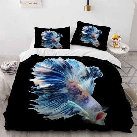Housse de Couette 140x200 Enfant Poisson Vie Marine Parure de Lit 1 Personne Microfibre Housse de Couette Noir 3D Imprimé Literie Set 3 Pièces avec Fermeture Éclair - 140x200+2x50x75 (1/5)
