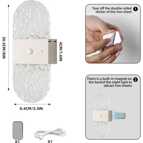 Wandleuchte, 1 Stück, wiederaufladbar, batteriebetrieben, 1200 mAh, für den Innenbereich, geeignet für Schlaf- und Wohnzimmer, weiß – Ausführung 2
