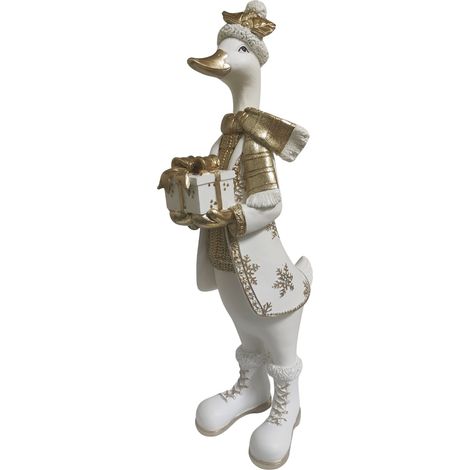 Statuetta di oca natalizia con regalo, oro e bianco, 11x18x41 cm