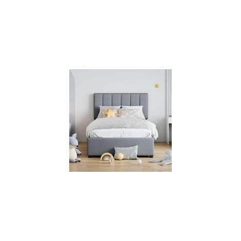 Lit coffre 90x200 cm lit simple avec espace de rangement hydraulique, tissu en Lin, gris, sans matelas (1/5)
