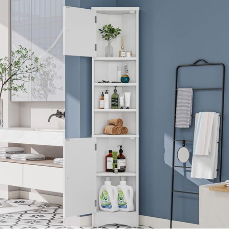 Armario de baño esquinero de MDF blanco 37x24,5x170 cm con 2 puertas y 3 estantes abiertos (1/5)