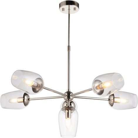 Merano Livorno Plafonnier suspendu multi-bras, plaque de nickel brillant, verre transparent (1/5)