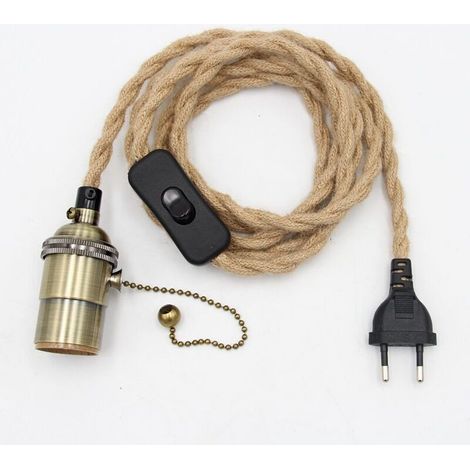 Lustre Corde de Chanvre Câble 1.8m, Douille E27 Interrupteur avec Fil Cable Ampoule, Pour DIY Lampe Suspension Lumière Pendante (1/3)