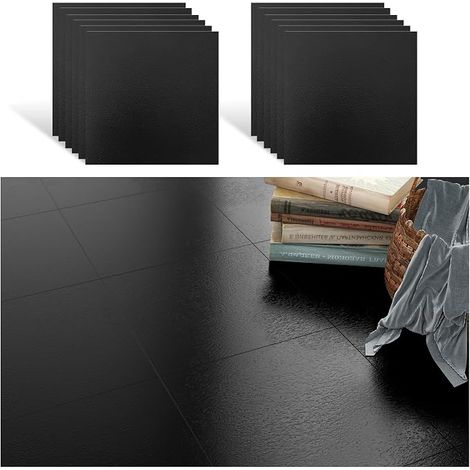 12 x Sol en PVC noir Carreaux adhésifs pour planchers Stickers Chambre à coucher en PVC Salle de séjour Cuisine Salle de bain étanche Garage Carrelage amovible 30 cm x 30 cm (1/5)