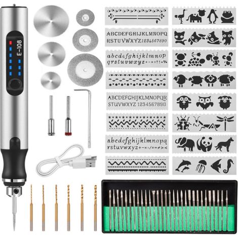 Mini grabadora eléctrica recargable por USB con 3 velocidades (5000-18000 RPM) y fresas para madera, metal y vidrio. (1/5)