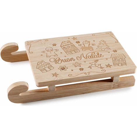 Taglieri di Natale piccoli realizzati in legno a forma di slitta con incisioni natalizie, set da 6 pezzi, cm 19 x 11 x 3,5 H